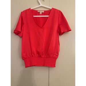 Michael Kors Coral Textured V Neck Smocked Waist Short Sleeve Top Women's XS